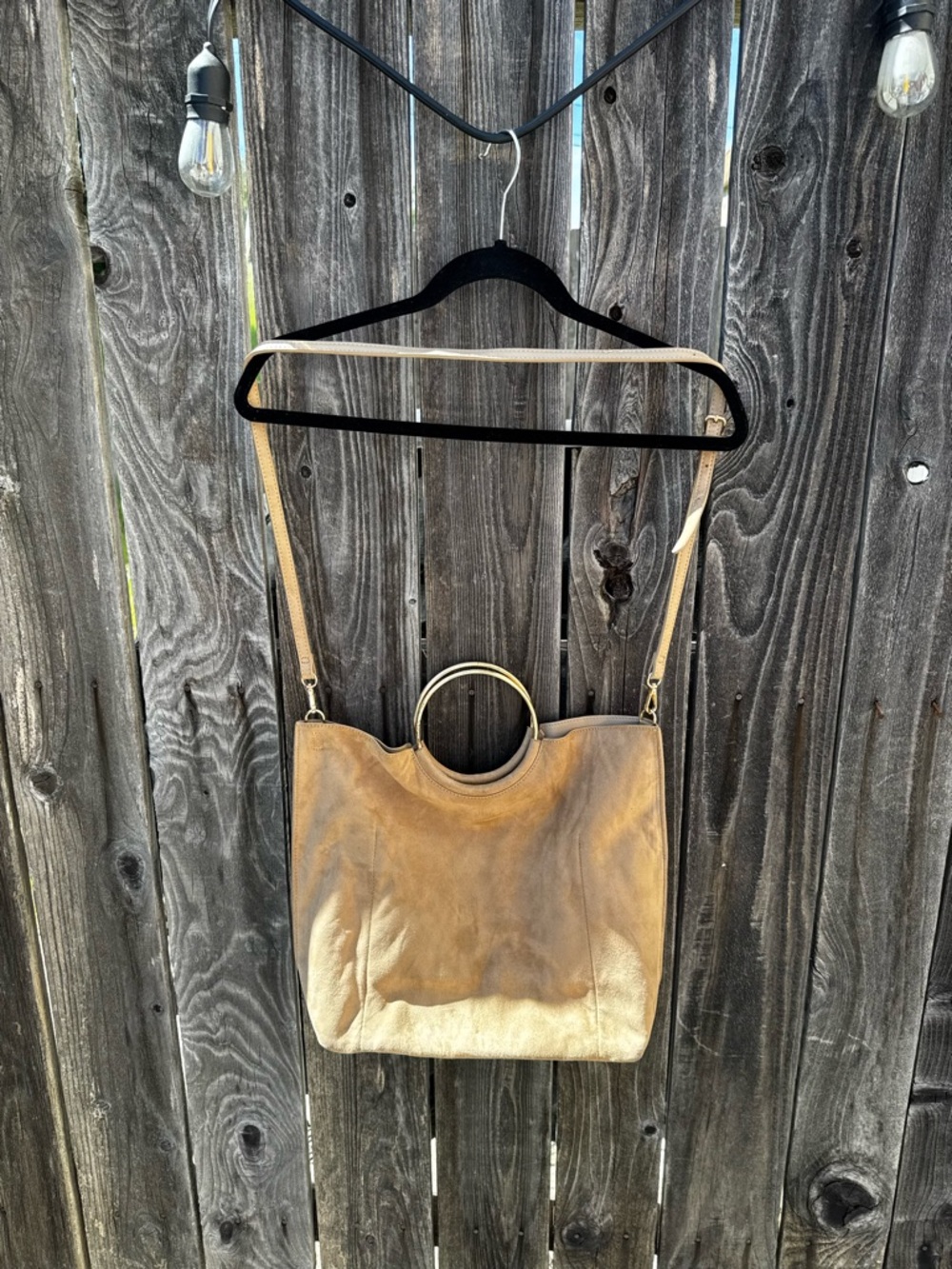 Banana Republic Camel Brown Faux-Suede and Gold Metal Ring Handle Crossbody purs